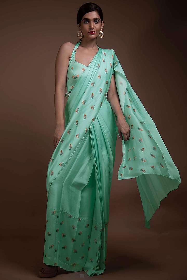 Turquoise Satin Printed Draped Saree Set by Shivani Nirupam