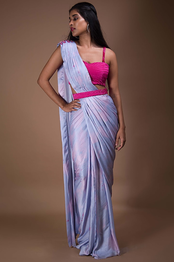 Periwinkle & Fuchsia Viscose Printed Draped Saree Set by Shivani Nirupam at Pernia's Pop Up Shop