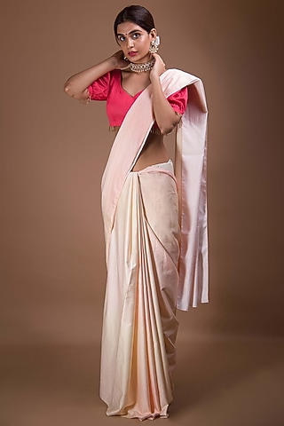 Peach & Coral Cotton Saree Set by Shivani Nirupam