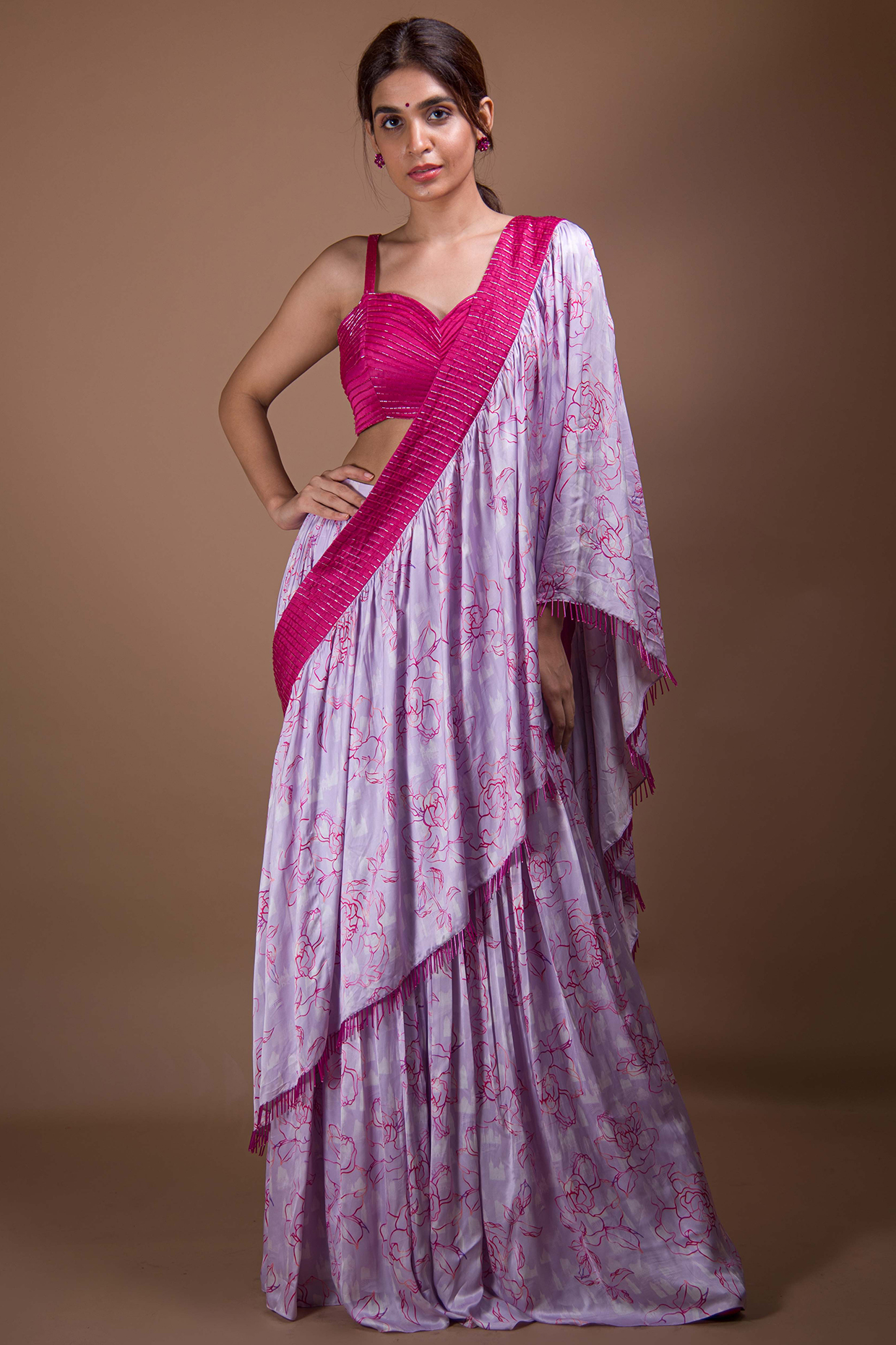 Lavender & Maroon Viscose Printed & Embroidered Draped Saree Set by Shivani Nirupam