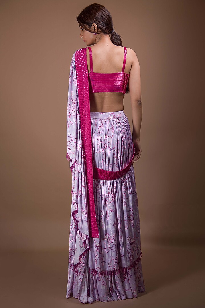 Lavender & Maroon Viscose Printed & Embroidered Draped Party Wear Saree Set by Shivani Nirupam at Pernia's Pop Up Shop