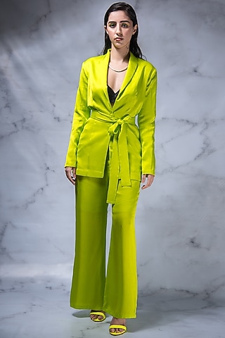 Lime Viscose Satin Blazer Set by Shivani Nirupam
