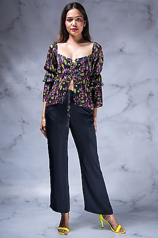 Navy Viscose Satin Pant Set by Shivani Nirupam
