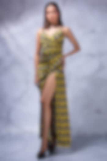 Yellow & Navy Digital Printed Dress by Shivani Nirupam