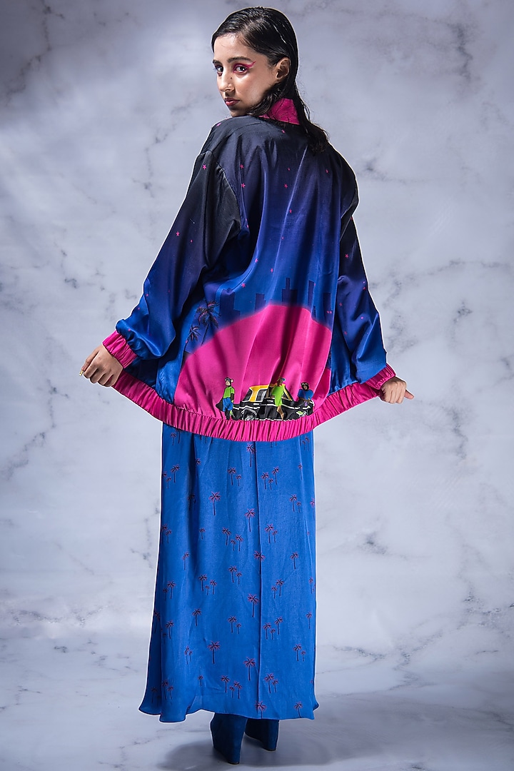 Navy & Hot Pink Digital Printed Bomber Jacket by Shivani Nirupam at Pernia's Pop Up Shop