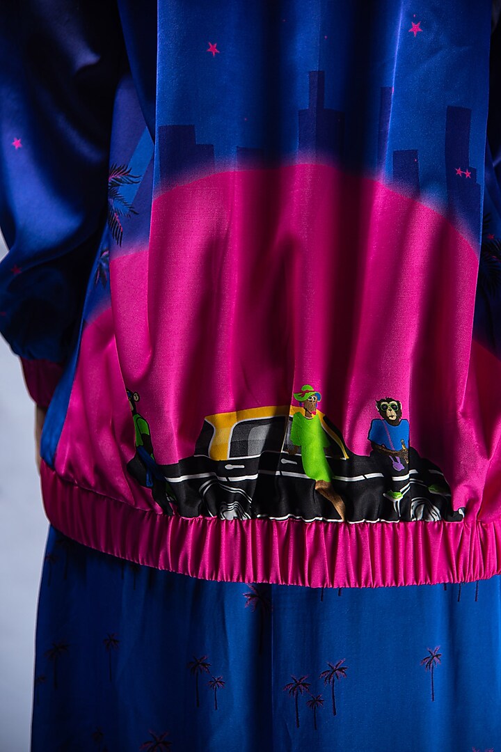 Navy & Hot Pink Digital Printed Bomber Jacket by Shivani Nirupam at Pernia's Pop Up Shop