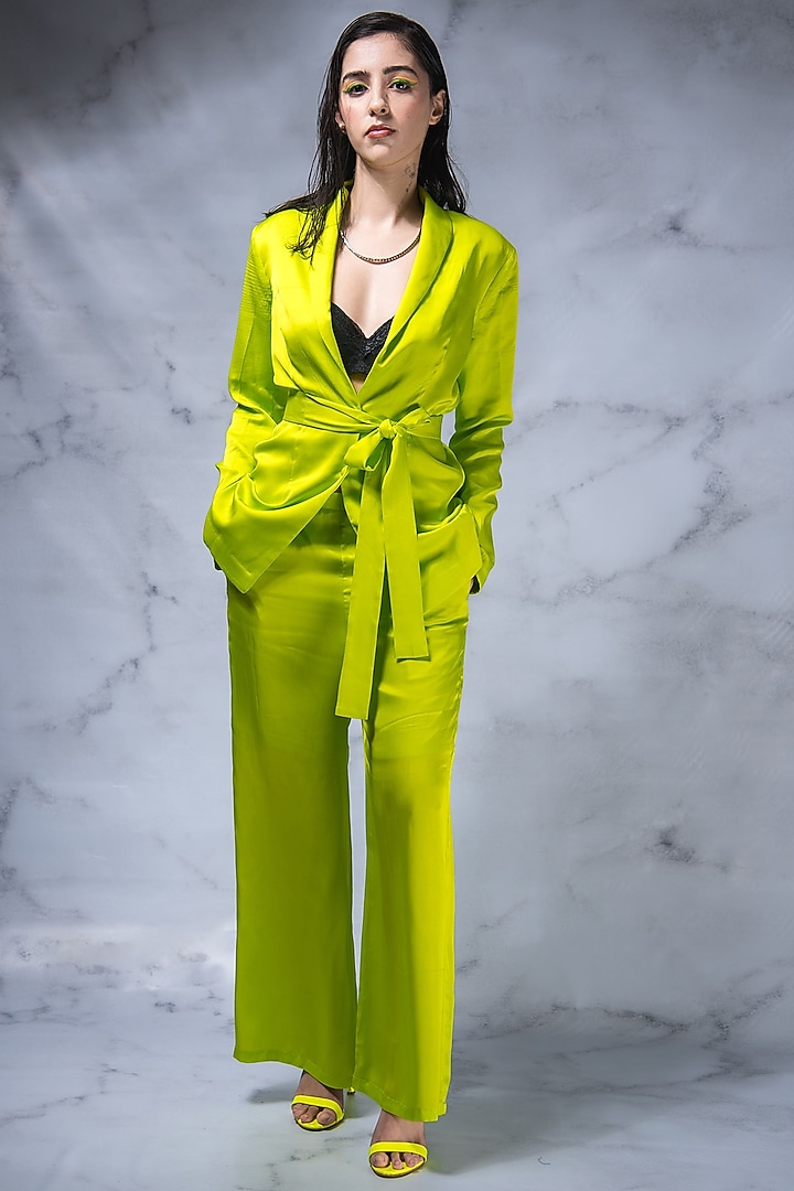 Lime Viscose Satin Blazer by Shivani Nirupam