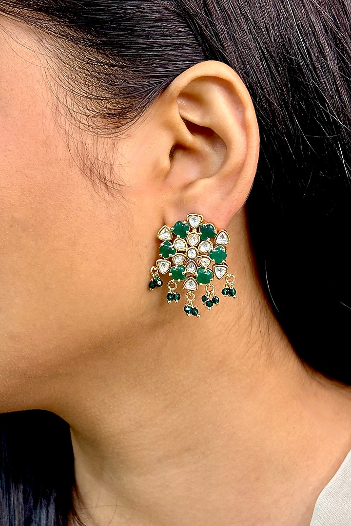 Gold Finish Kundan Polki & Green Stone Stud Earrings by Shop Naymee at Pernia's Pop Up Shop