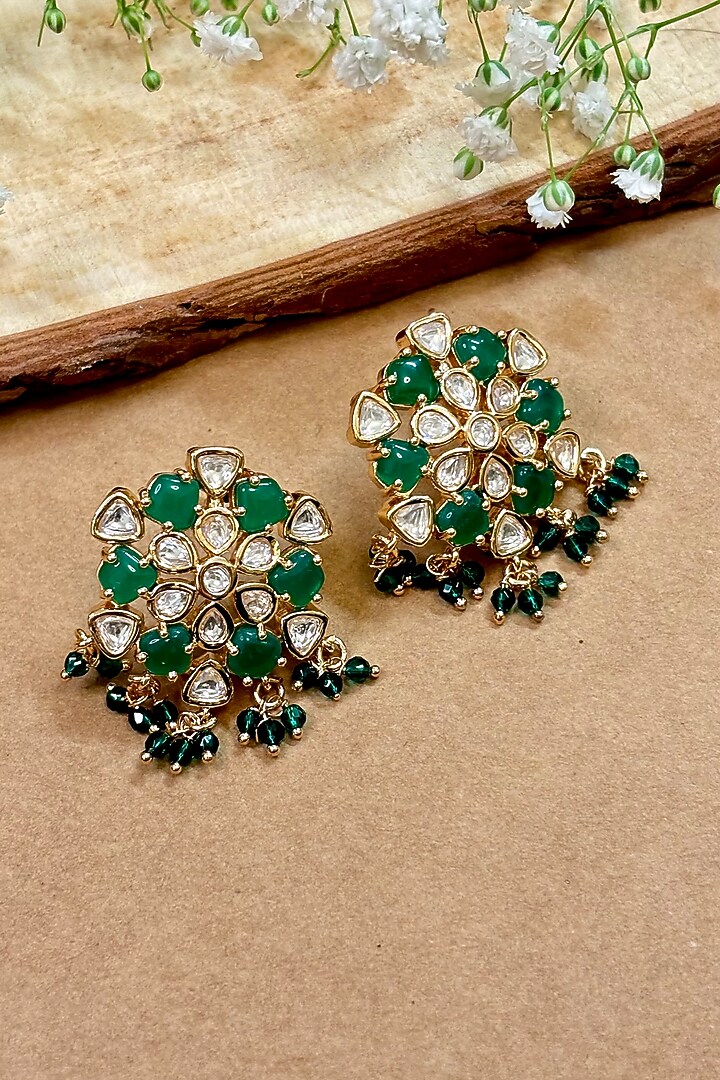 Gold Finish Kundan Polki & Green Stone Stud Earrings by Shop Naymee at Pernia's Pop Up Shop