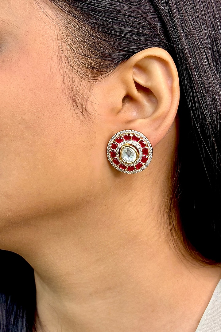 Gold Finish Kundan Polki & Pink Stone Stud Earrings by Shop Naymee at Pernia's Pop Up Shop