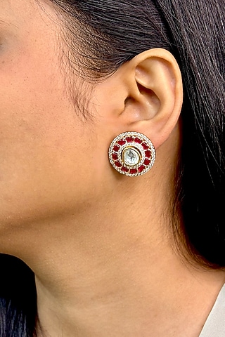 Gold Finish Kundan Polki & Pink Stone Stud Earrings by Shop Naymee
