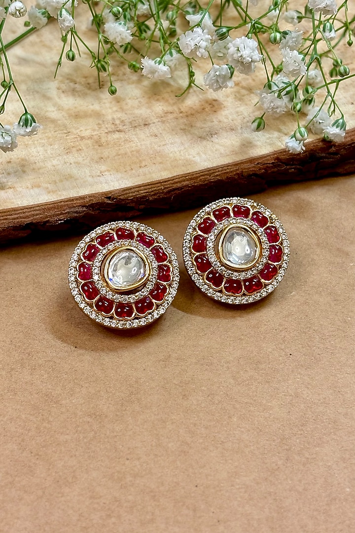 Gold Finish Kundan Polki & Pink Stone Stud Earrings by Shop Naymee at Pernia's Pop Up Shop