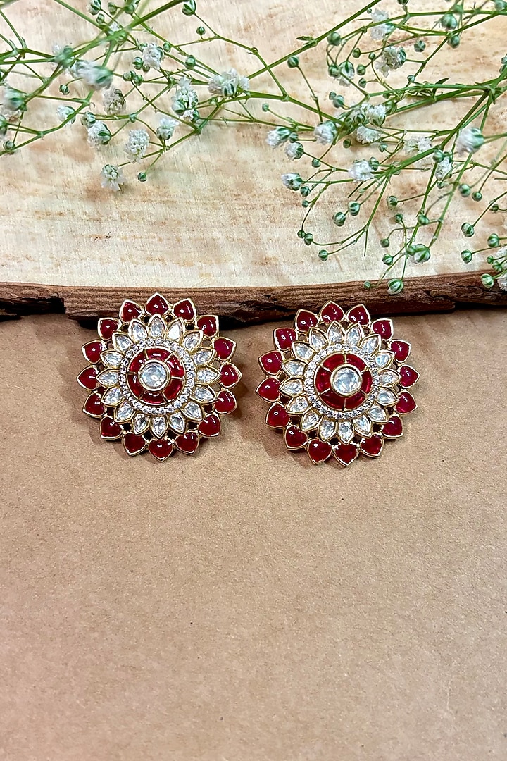 Gold Finish Kundan Polki & Pink Stone Stud Earrings by Shop Naymee at Pernia's Pop Up Shop