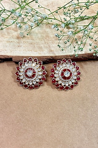 Gold Finish Kundan Polki & Pink Stone Stud Earrings by Shop Naymee