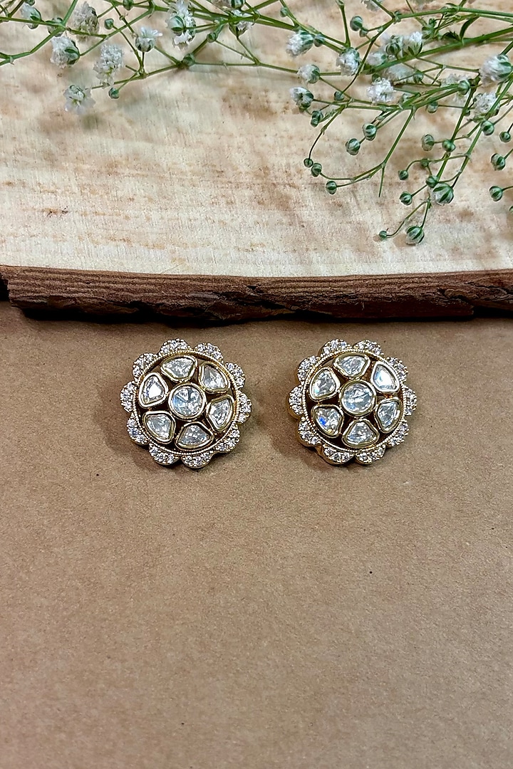 Gold Finish Kundan Polki Stud Earrings by Shop Naymee at Pernia's Pop Up Shop