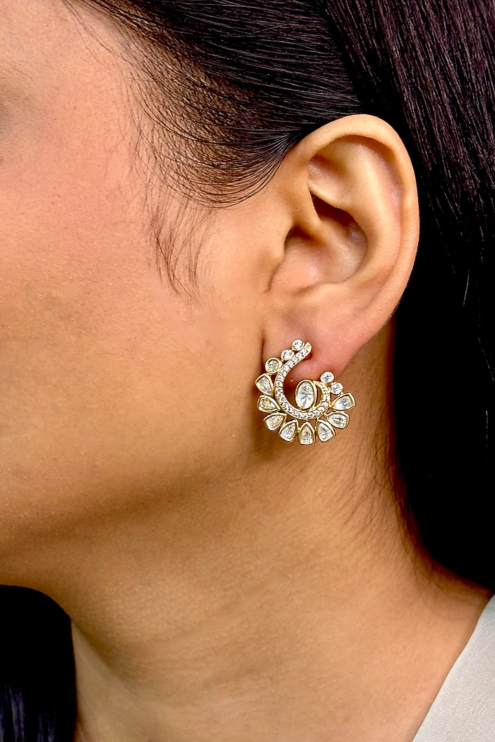Gold Finish Kundan Polki Stud Earrings by Shop Naymee at Pernia's Pop Up Shop