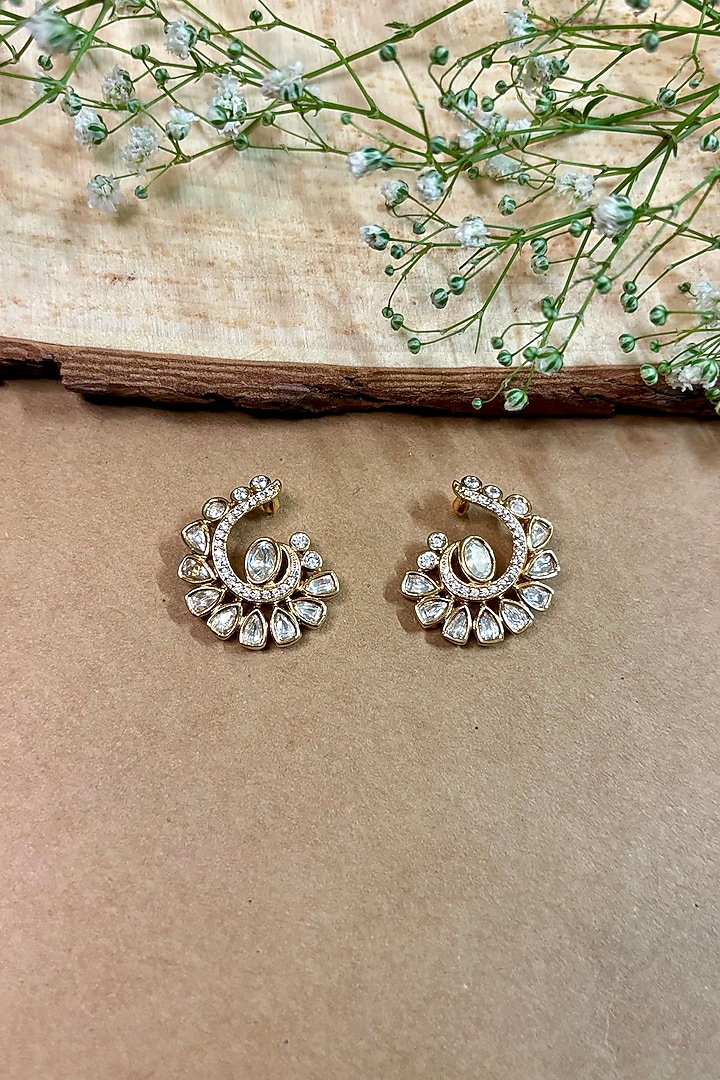 Gold Finish Kundan Polki Stud Earrings by Shop Naymee at Pernia's Pop Up Shop