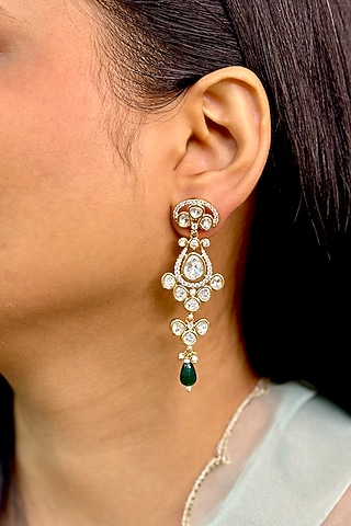 Gold Finish Kundan Polki & Green Beaded Dangler Earrings by Shop Naymee