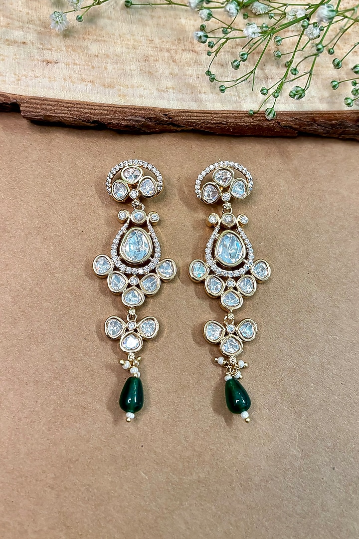 Gold Finish Kundan Polki & Green Beaded Dangler Earrings by Shop Naymee at Pernia's Pop Up Shop