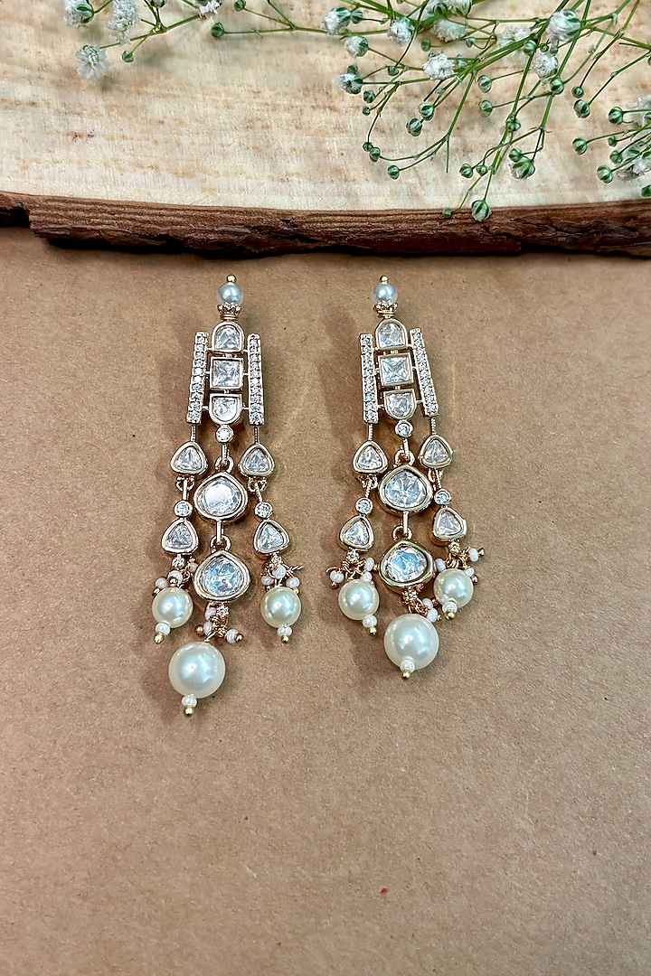 Gold Finish Kundan Polki & Beaded Dangler Earrings by Shop Naymee at Pernia's Pop Up Shop