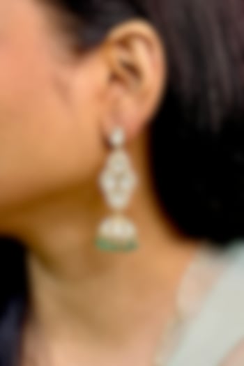 Gold Finish Kundan Polki & Green Beaded Jhumka Earrings by Shop Naymee at Pernia's Pop Up Shop