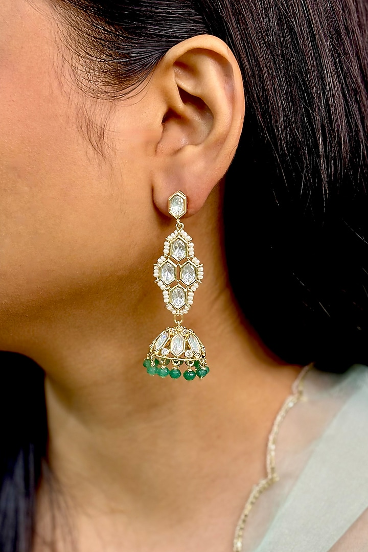 Gold Finish Kundan Polki & Green Beaded Jhumka Earrings by Shop Naymee at Pernia's Pop Up Shop