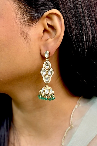 Gold Finish Kundan Polki & Green Beaded Jhumka Earrings by Shop Naymee