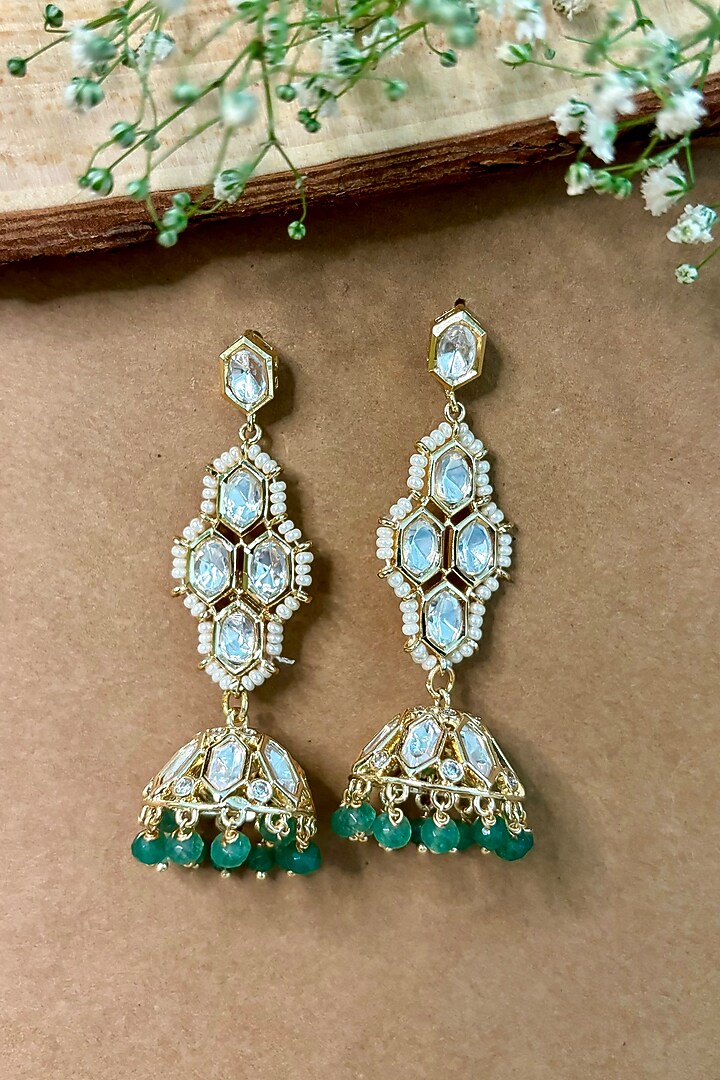 Gold Finish Kundan Polki & Green Beaded Jhumka Earrings by Shop Naymee at Pernia's Pop Up Shop