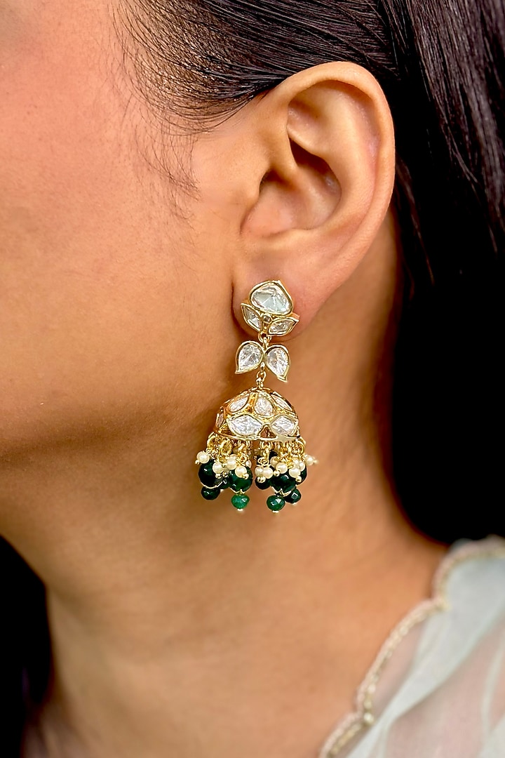 Gold Finish Kundan Polki & Green Beaded Jhumka Earrings by Shop Naymee at Pernia's Pop Up Shop