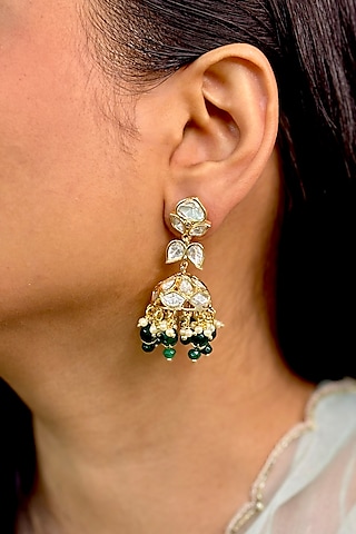 Gold Finish Kundan Polki & Green Beaded Jhumka Earrings by Shop Naymee