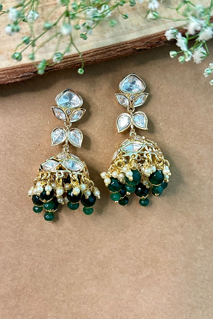 Gold Finish Kundan Polki & Green Beaded Jhumka Earrings by Shop Naymee at Pernia's Pop Up Shop