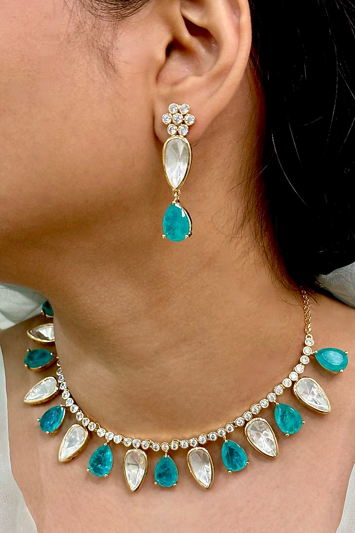 Gold Finish Kundan Polki & Blue Stone Choker Necklace Set by Shop Naymee at Pernia's Pop Up Shop