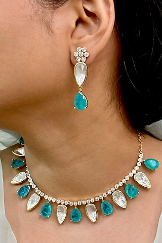 Gold Finish Kundan Polki & Blue Stone Choker Necklace Set by Shop Naymee