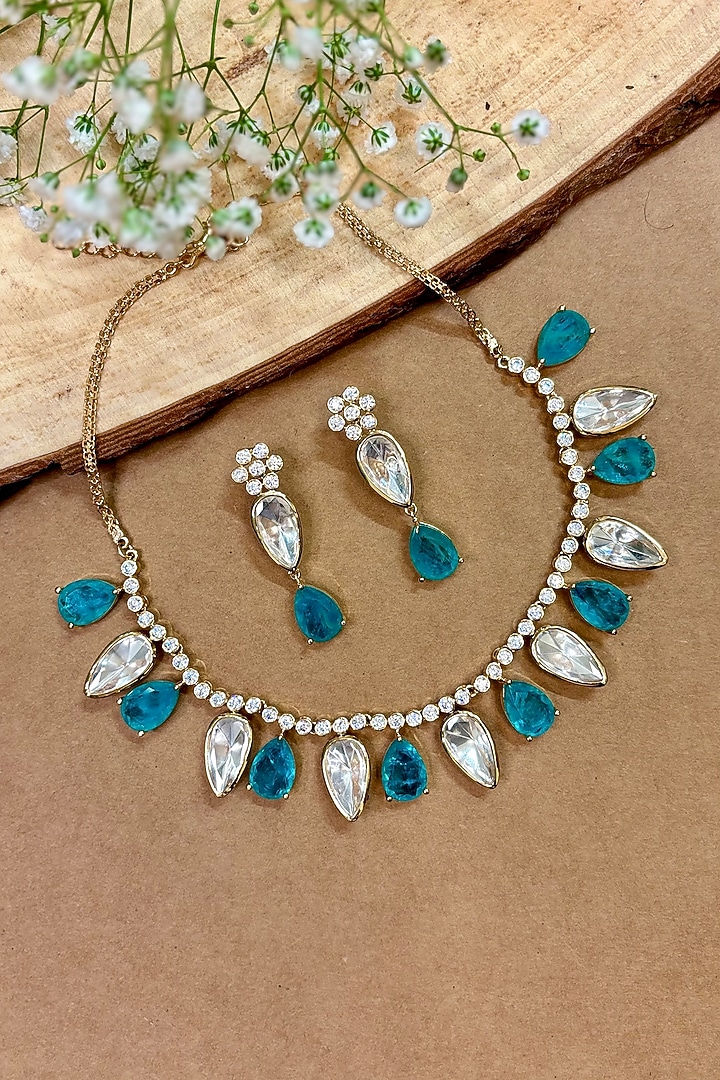 Gold Finish Kundan Polki & Blue Stone Choker Necklace Set by Shop Naymee at Pernia's Pop Up Shop
