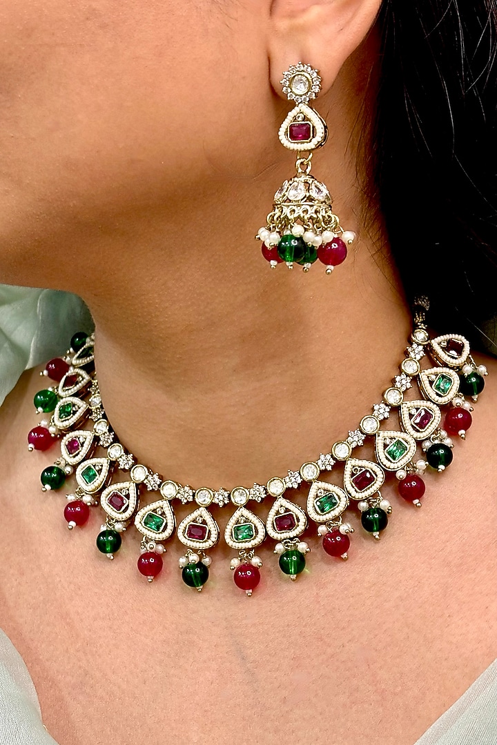 Gold Finish Kundan Polki & Multi-Colored Stone Choker Necklace Set by Shop Naymee at Pernia's Pop Up Shop