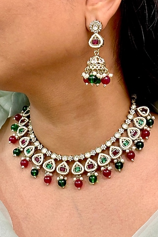 Gold Finish Kundan Polki & Multi-Colored Stone Choker Necklace Set by Shop Naymee
