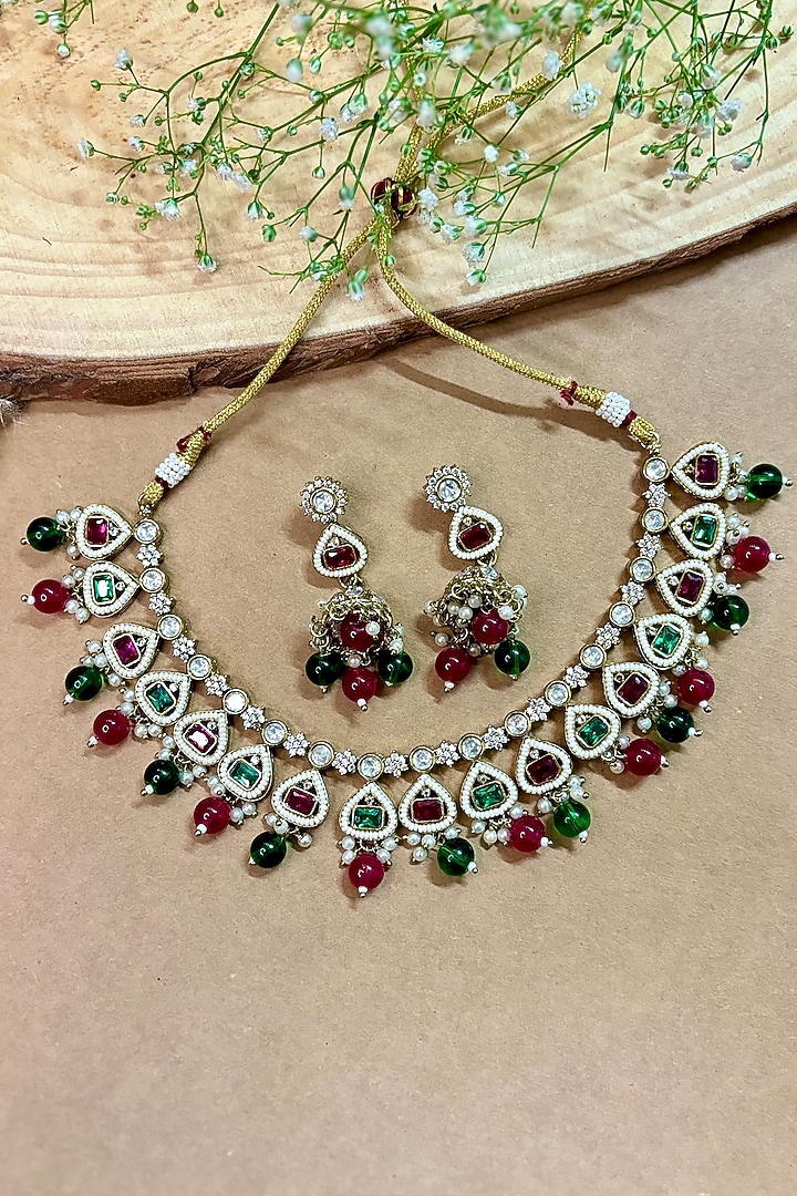 Gold Finish Kundan Polki & Multi-Colored Stone Choker Necklace Set by Shop Naymee at Pernia's Pop Up Shop
