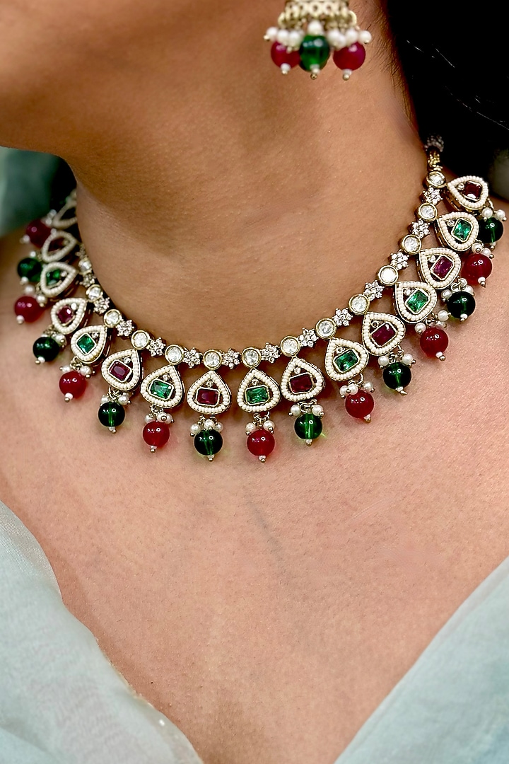 Gold Finish Kundan Polki & Multi-Colored Stone Choker Necklace Set by Shop Naymee at Pernia's Pop Up Shop
