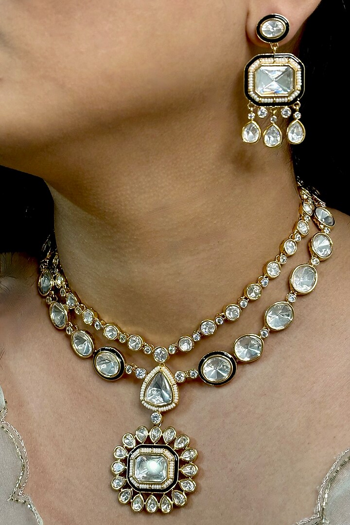 Gold Finish Kundan Polki Necklace Set by Shop Naymee at Pernia's Pop Up Shop