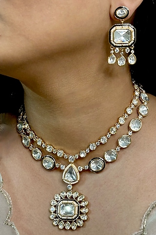 Gold Finish Kundan Polki Necklace Set by Shop Naymee