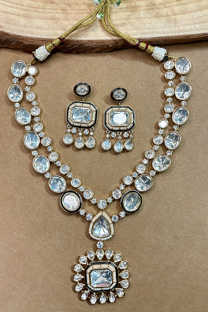 Gold Finish Kundan Polki Necklace Set by Shop Naymee at Pernia's Pop Up Shop