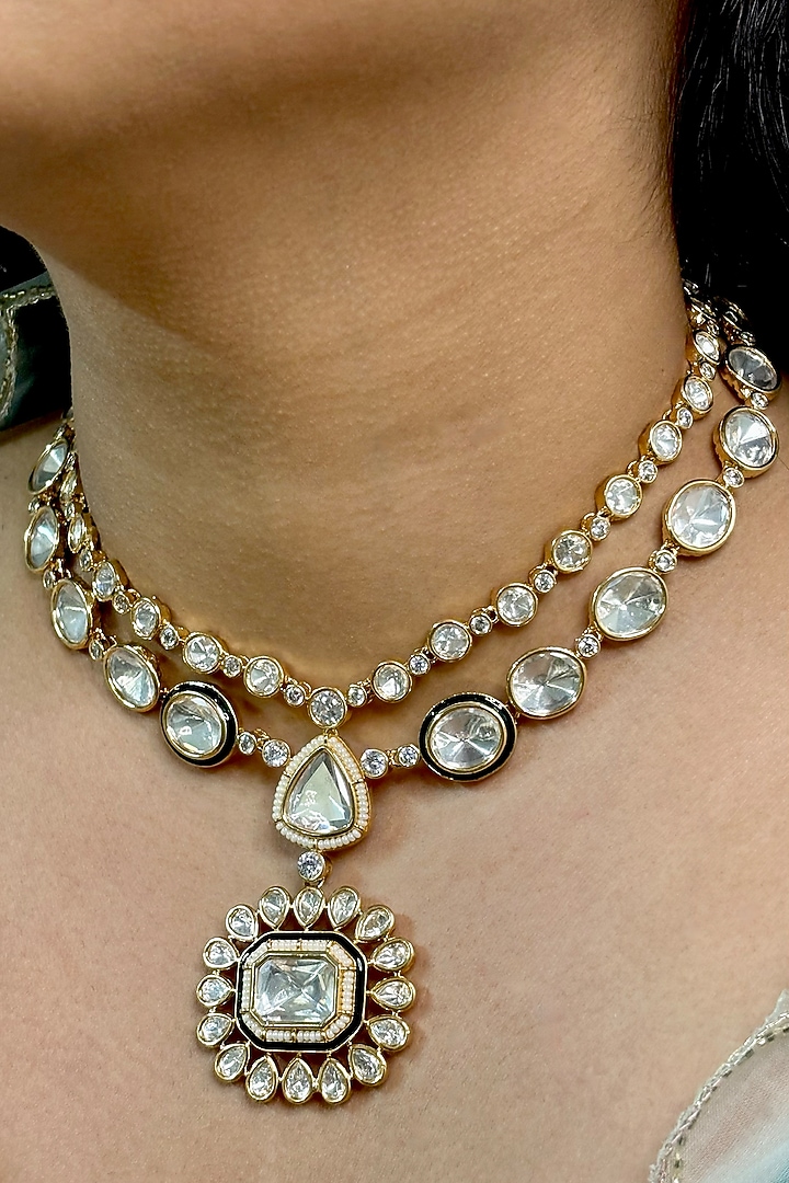 Gold Finish Kundan Polki Necklace Set by Shop Naymee at Pernia's Pop Up Shop