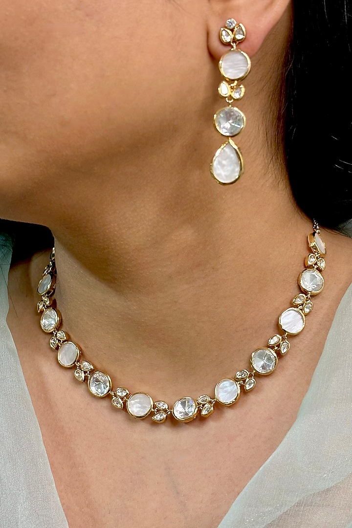 Gold Finish Kundan Polki & White Pearl Choker Necklace Set by Shop Naymee at Pernia's Pop Up Shop