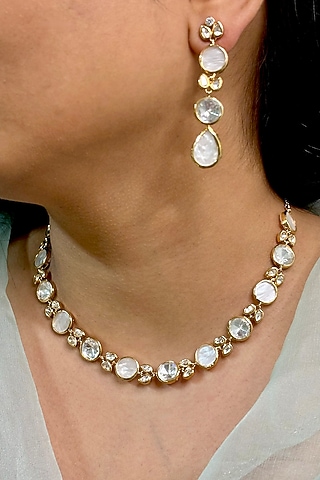 Gold Finish Kundan Polki & White Pearl Choker Necklace Set by Shop Naymee