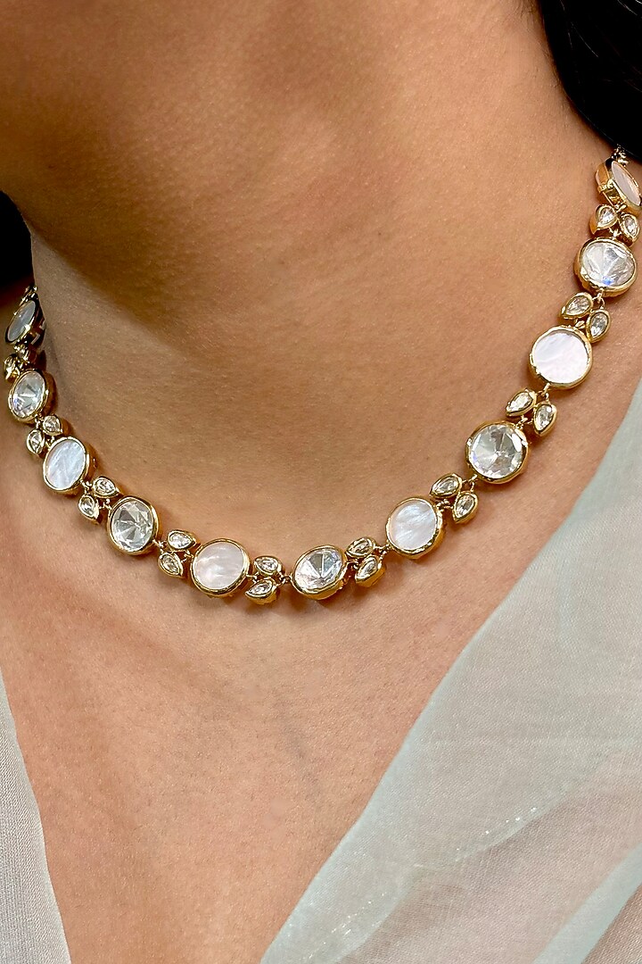 Gold Finish Kundan Polki & White Pearl Choker Necklace Set by Shop Naymee at Pernia's Pop Up Shop