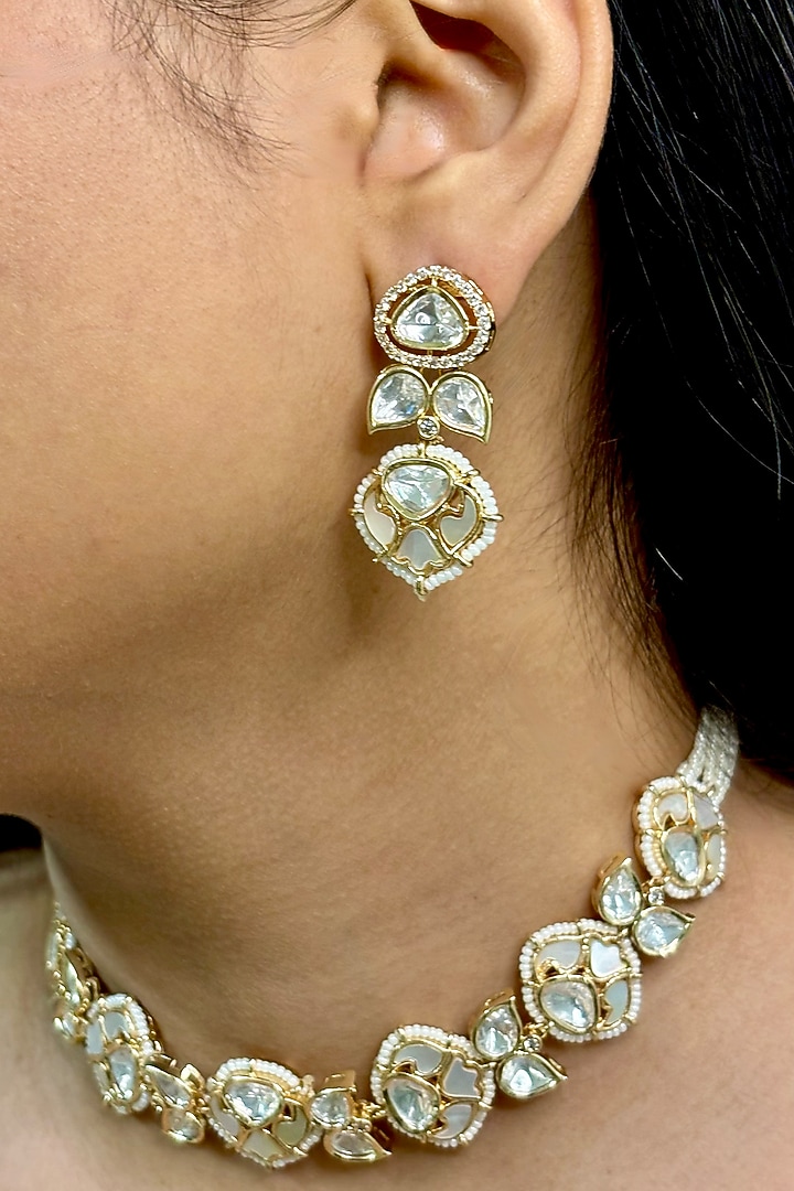 Gold Finish Kundan Polki & White Pearl Choker Necklace Set by Shop Naymee at Pernia's Pop Up Shop
