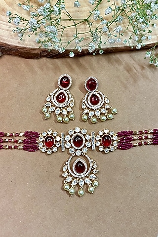 Gold Finish Kundan Polki & Ruby Stone Choker Necklace Set by Shop Naymee