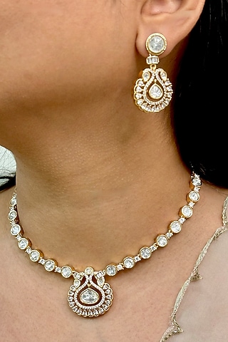 Gold Finish Kundan Polki Necklace Set by Shop Naymee