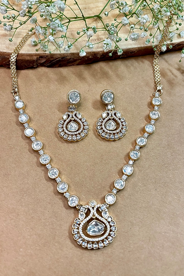 Gold Finish Kundan Polki Necklace Set by Shop Naymee at Pernia's Pop Up Shop