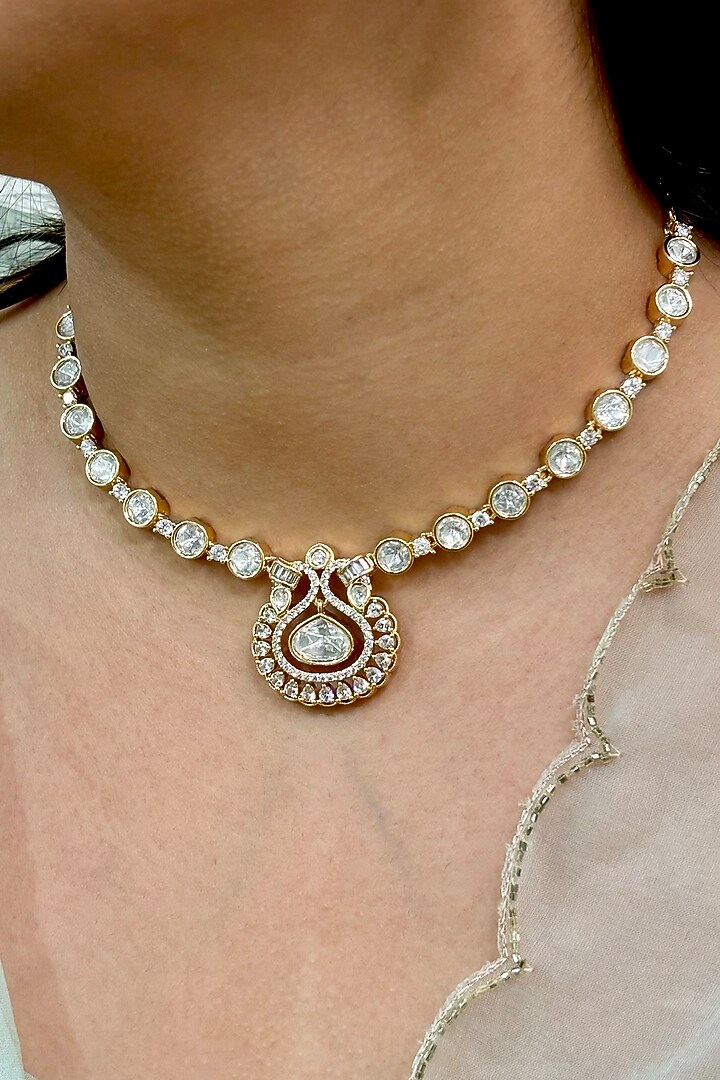 Gold Finish Kundan Polki Necklace Set by Shop Naymee at Pernia's Pop Up Shop